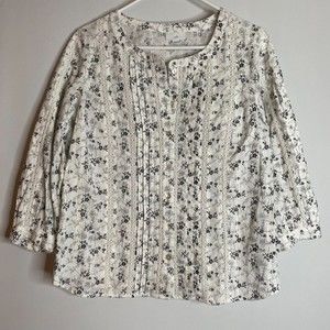 j. jill Crew neck Button Up 3/4 Sleeve Lace Dainty Floral Blouse Size S